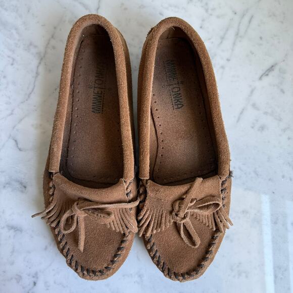 Minnetonka 407T Suede Fringe Moccasins Caramel Brown Women’s 8.5 - Picture 3 of 12